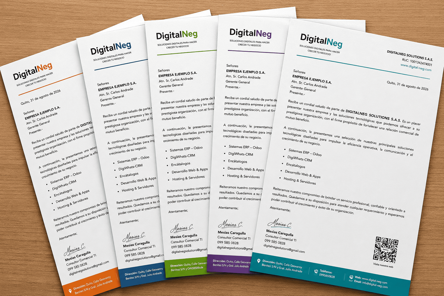 Ejemplos de cartas de presentación generadas con DigiDocs, personalizadas con los colores de cada marca